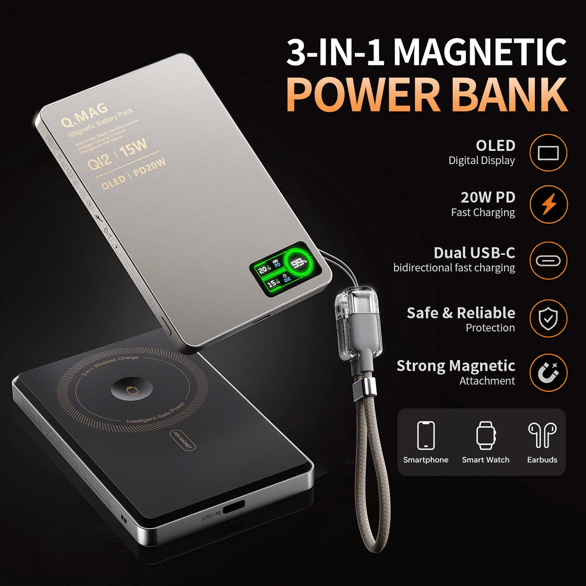 Power Bank Magnético Inalámbrico – Carga tu iPhone, AirPods y Watch en Cualquier Lugar