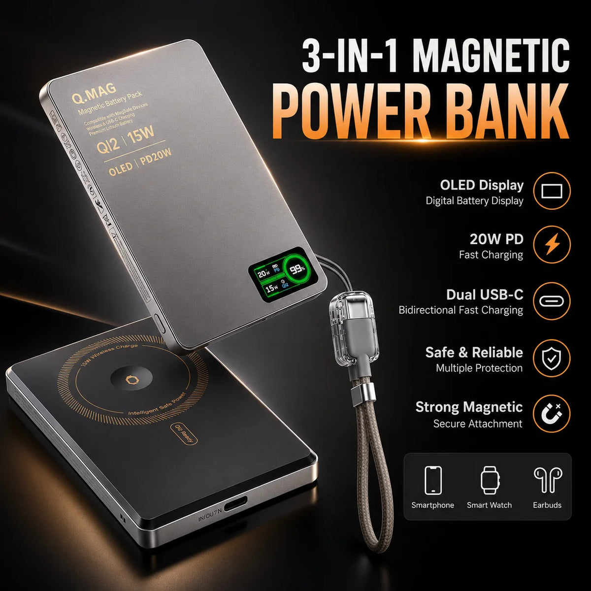 Power Bank Magnético Inalámbrico – Carga tu iPhone, AirPods y Watch en Cualquier Lugar