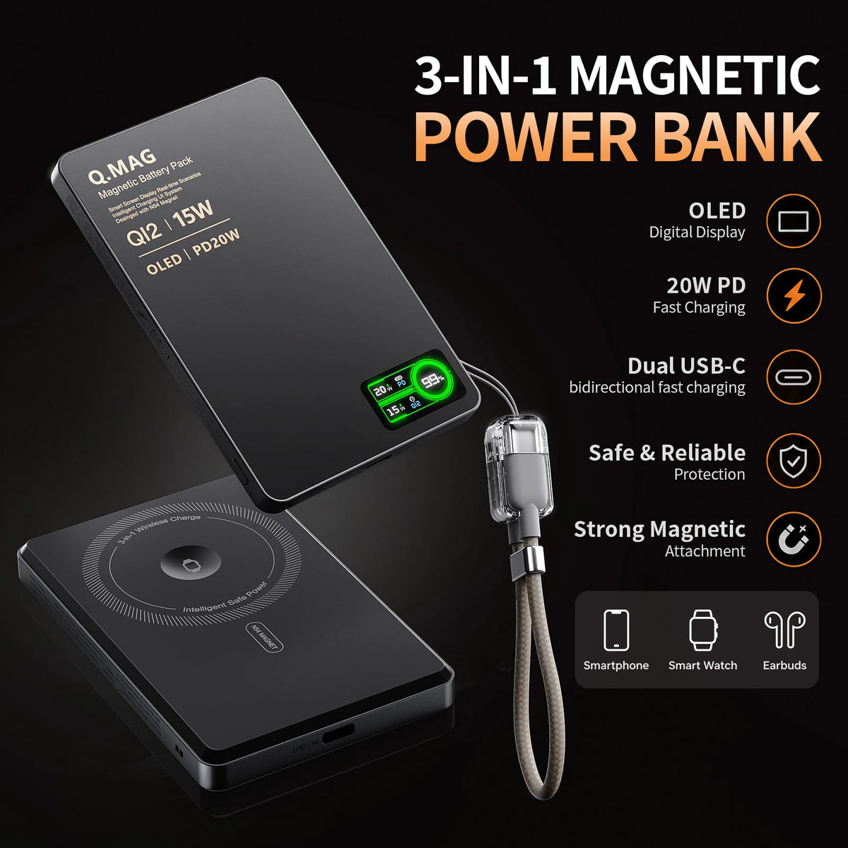 Power Bank Magnético Inalámbrico – Carga tu iPhone, AirPods y Watch en Cualquier Lugar