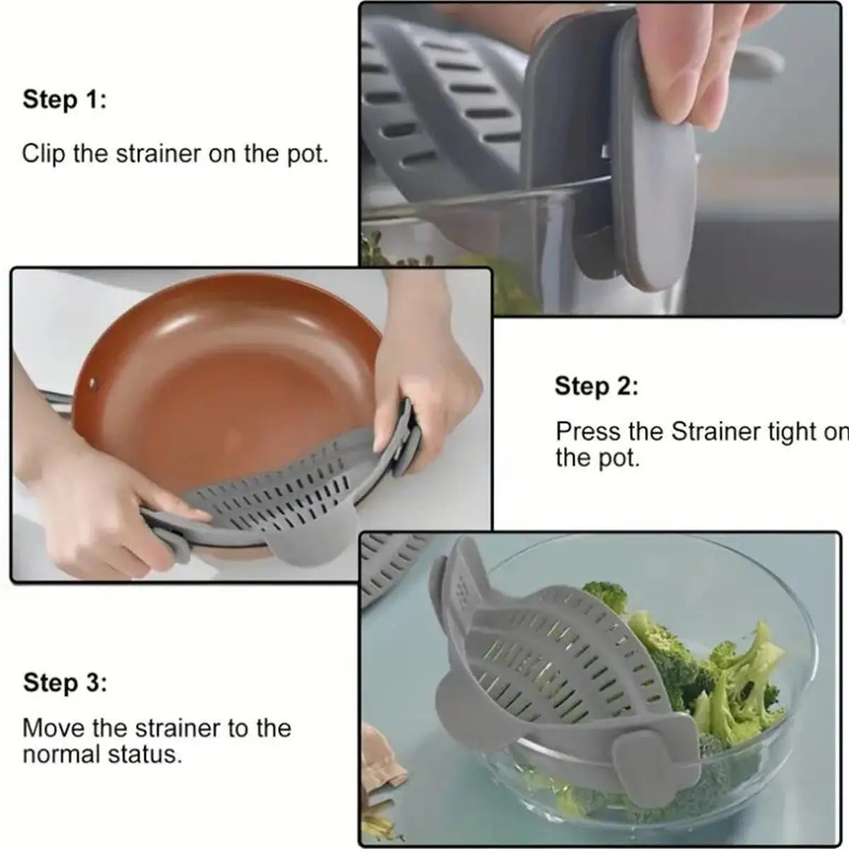 Colador Clip Ajustable para Ollas, Sartenes y Tazones – Escurre sin Ensuciar