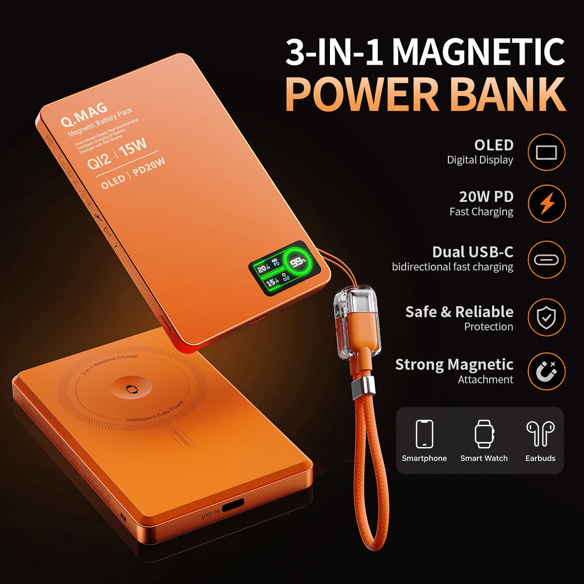 Power Bank Magnético Inalámbrico – Carga tu iPhone, AirPods y Watch en Cualquier Lugar